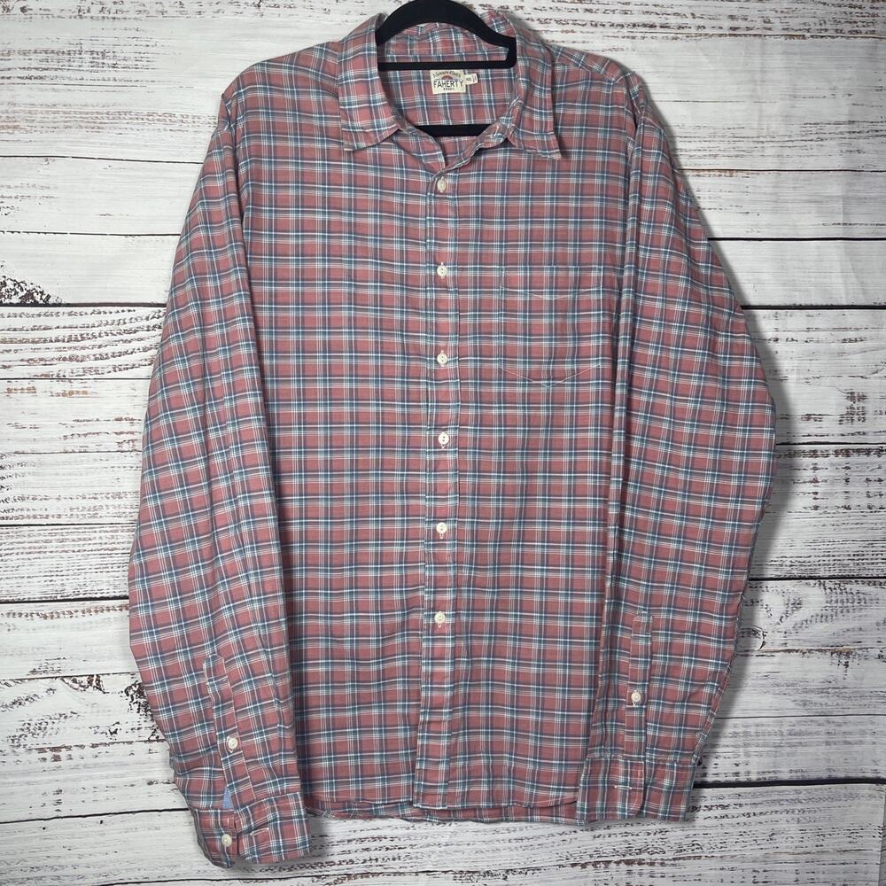 Faherty Movement Shirt Mens 2XL Red Pink Blue Plaid Long Sleeve Button Up Cotton